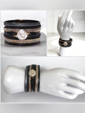 Black Boho Multi-Layered Faux Leather & Rhinestone Wrap Bracelet